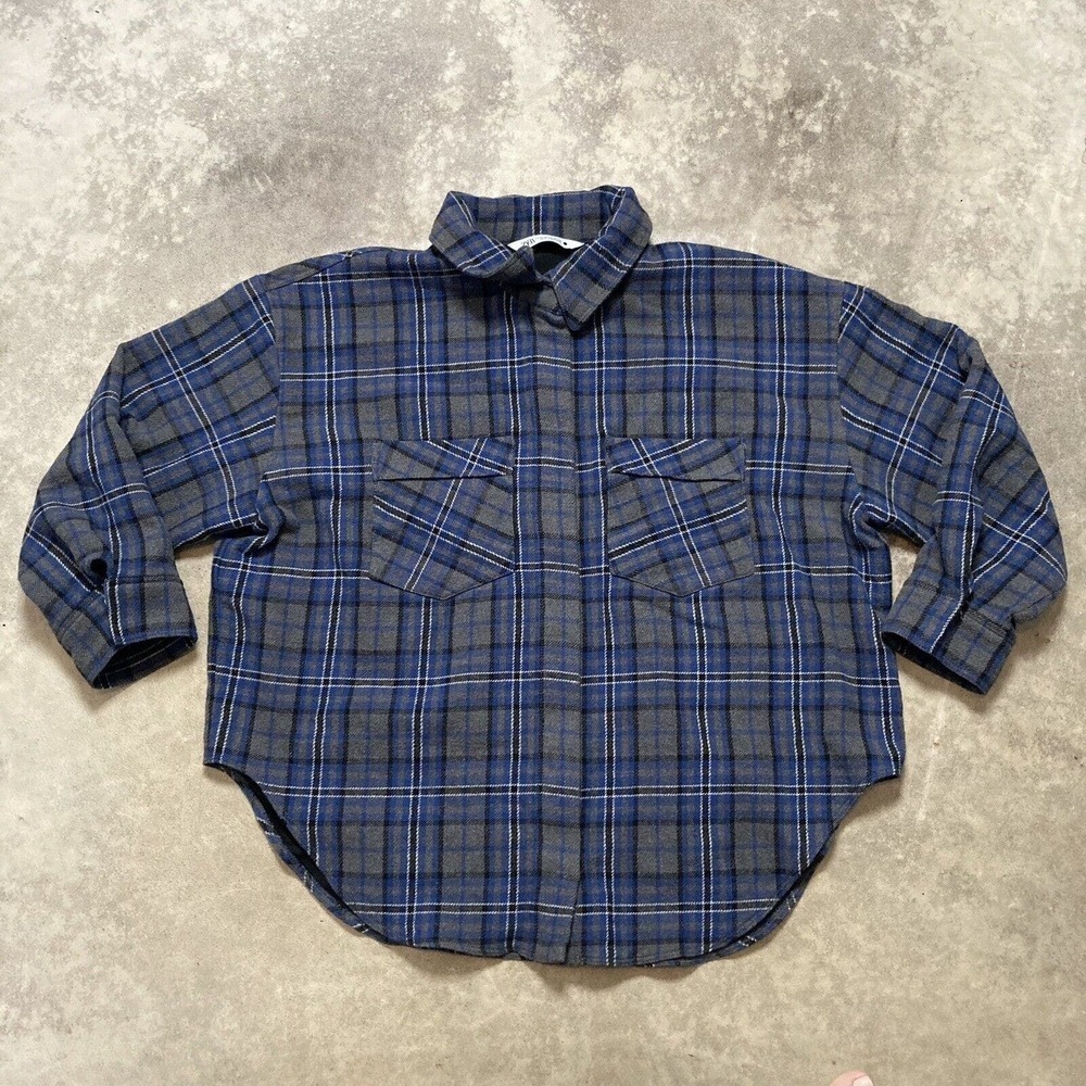 Zara Shirt Jacket Womans Sz XL Blue Scottish Plaid Mid-Weight Lined Shakete